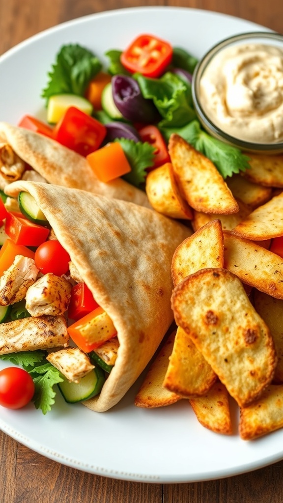 Healthy pita bread meal with stuffed chicken and vegetables, baked pita chips, and hummus.